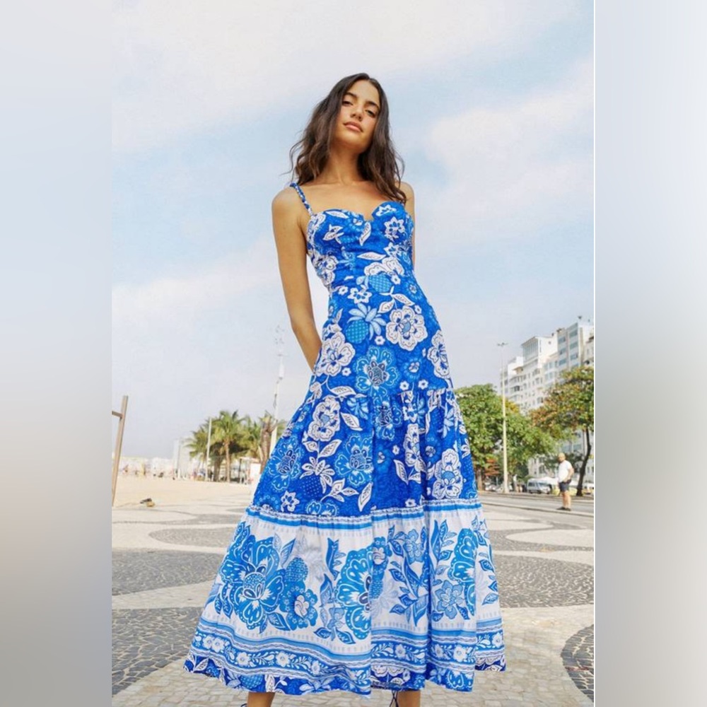FARM RIO Floral-print Cotton Blue and White Dress, Medium, $299